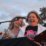 One of the main organizers of the tournament, Tammy Madrigal, and Betty Warkentin share a laugh